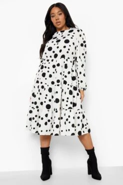 Vestito Smock Plus Size A Maniche Lunghe A Pois Con Balze