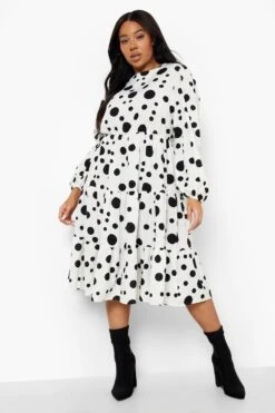 Vestito Smock Plus Size A Maniche Lunghe A Pois Con Balze -Negozio al dettaglio Vestiti pzz09933 white xl 2