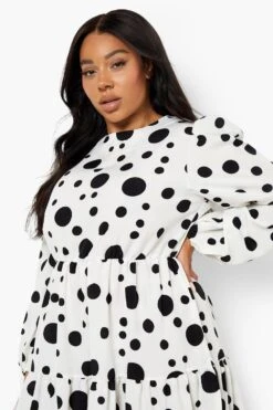 Vestito Smock Plus Size A Maniche Lunghe A Pois Con Balze -Negozio al dettaglio Vestiti pzz09933 white xl 3