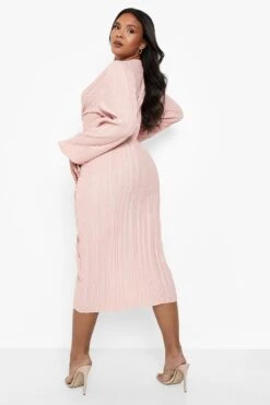 Vestito Midi Plus Size Plissettato Con Dettagli Attorcigliati -Negozio al dettaglio Vestiti pzz09966 blush xl 1