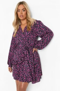 Vestito Skater Plus Size A Incrocio A Fiori Con Arricciature