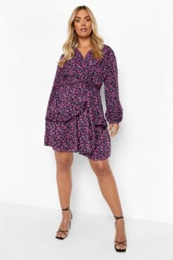 Vestito Skater Plus Size A Incrocio A Fiori Con Arricciature -Negozio al dettaglio Vestiti pzz10032 purple xl 2