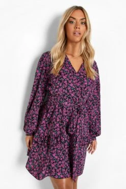 Vestito Skater Plus Size A Incrocio A Fiori Con Arricciature -Negozio al dettaglio Vestiti pzz10032 purple xl 3