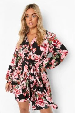 Vestito Skater Plus Size A Fiori Con Cintura E Arricciature