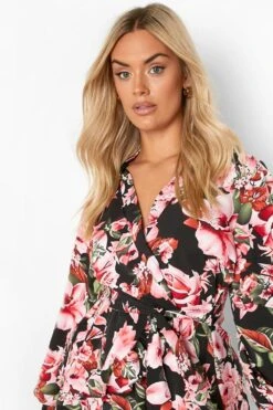 Vestito Skater Plus Size A Fiori Con Cintura E Arricciature -Negozio al dettaglio Vestiti pzz10035 black xl 3