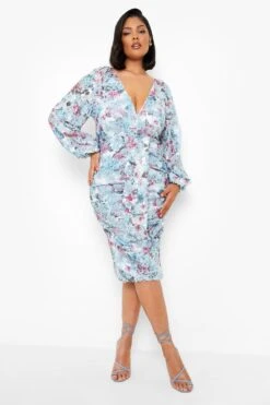 Vestito Midi Plus Size A Fiori Con Maniche A Sbuffo E Paillettes