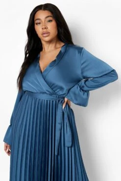 Vestito Plus Size In Raso A Incrocio Con Maniche Svasate E Pieghe -Negozio al dettaglio Vestiti pzz10469 petrol xl 3