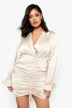 Vestito Camicia Plus Size A Incrocio In Raso Con Ruches