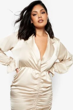 Vestito Camicia Plus Size A Incrocio In Raso Con Ruches -Negozio al dettaglio Vestiti pzz10641 stone xl 3