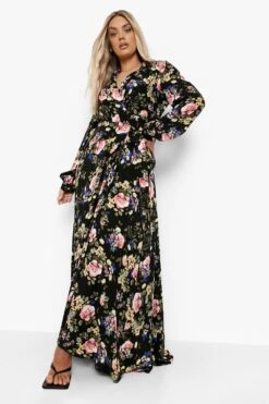 Vestito Maxi Plus Size A Incrocio A Fiori Con Cintura