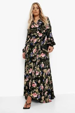 Vestito Maxi Plus Size A Incrocio A Fiori Con Cintura -Negozio al dettaglio Vestiti pzz10771 black xl 2