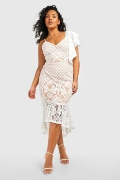 Vestito Midi Plus Size In Pizzo A Contrasto Con Volant