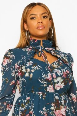 Vestito Skater Plus Size A Fiori Con Collo Alto E Cut-out -Negozio al dettaglio Vestiti pzz59906 teal xl 3