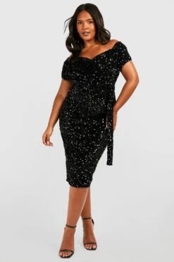 Vestito Midi Plus Size A Incrocio Con Paillettes E Spalle Scoperte