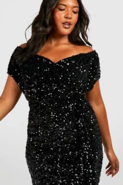 Vestito Midi Plus Size A Incrocio Con Paillettes E Spalle Scoperte -Negozio al dettaglio Vestiti pzz61635 black xl 3