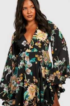 Vestito Skater Plus Size In Fantasia Cachemire A Fiori Con Maniche Ampie -Negozio al dettaglio Vestiti pzz62217 black xl 2