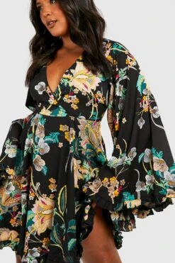Vestito Skater Plus Size In Fantasia Cachemire A Fiori Con Maniche Ampie -Negozio al dettaglio Vestiti pzz62217 black xl 3