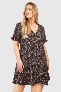 Vestito Smock Plus Size A Fiori Con Arricciature -Negozio al dettaglio Vestiti pzz62544 black xl 2