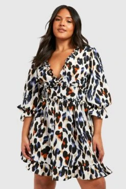 Vestito Skater Plus Size Leopardato In Raso Arricciato