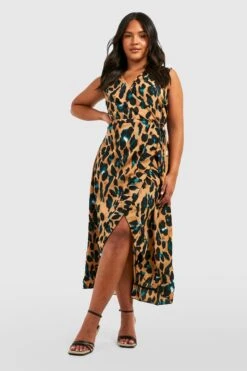 Vestito Scaldacuore Midi Plus Size Leopardato Con Arricciature