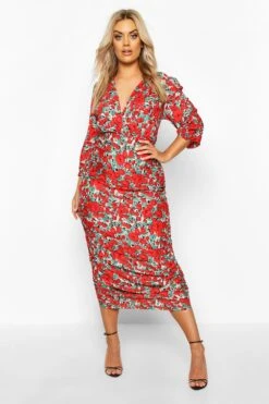 Vestito A Incrocio Plus Size A Fiori Grandi Con Ruches