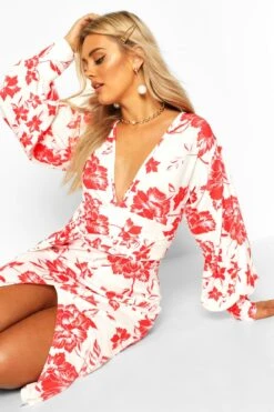 Vestito Midi Plus Size Con Stampa A Fiori, Scollo Profondo E Laccetti In Vita -Negozio al dettaglio Vestiti pzz69255 red xl 3