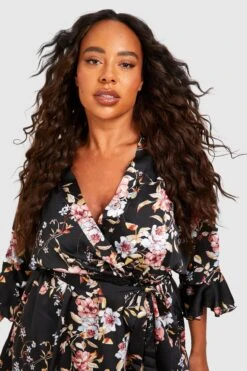 Vestito Scaldacuore Plus Size In Raso A Fiori Con Arricciature -Negozio al dettaglio Vestiti pzz69772 black xl 3