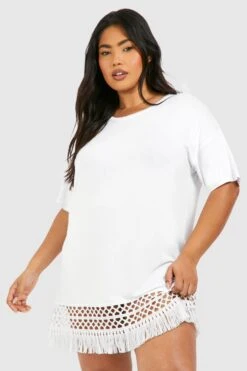 Vestito Da Mare Plus Size All’uncinetto Con Nappe Sul Fondo