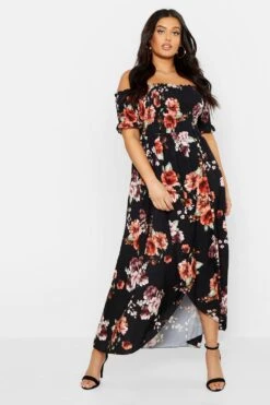Vestito Maxi Plus Size A Fiori Con Spalle Scoperte