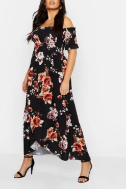Vestito Maxi Plus Size A Fiori Con Spalle Scoperte -Negozio al dettaglio Vestiti pzz72578 black xl 3