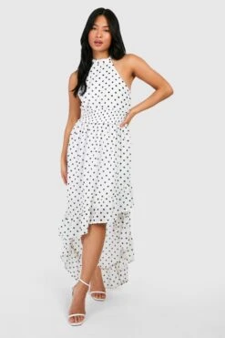 Vestito Maxi Petite A Pois A Collo Alto Increspato In Vita