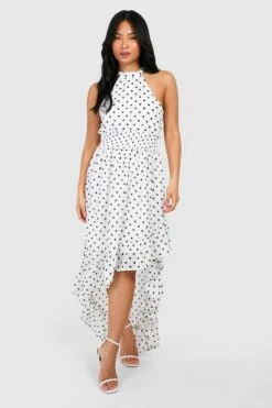 Vestito Maxi Petite A Pois A Collo Alto Increspato In Vita -Negozio al dettaglio Vestiti pzz73269 white xl 2