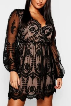 Vestito Skater Plus Size In Pizzo Con Scollo Profondo -Negozio al dettaglio Vestiti pzz77946 black xl 3