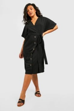 Vestito Midi Plus Size Con Bottoni E Cintura