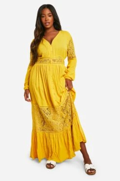 Vestito Maxi Plus Size Boho Con Inserto In Pizzo -Negozio al dettaglio Vestiti pzz90559 ochre xl 2